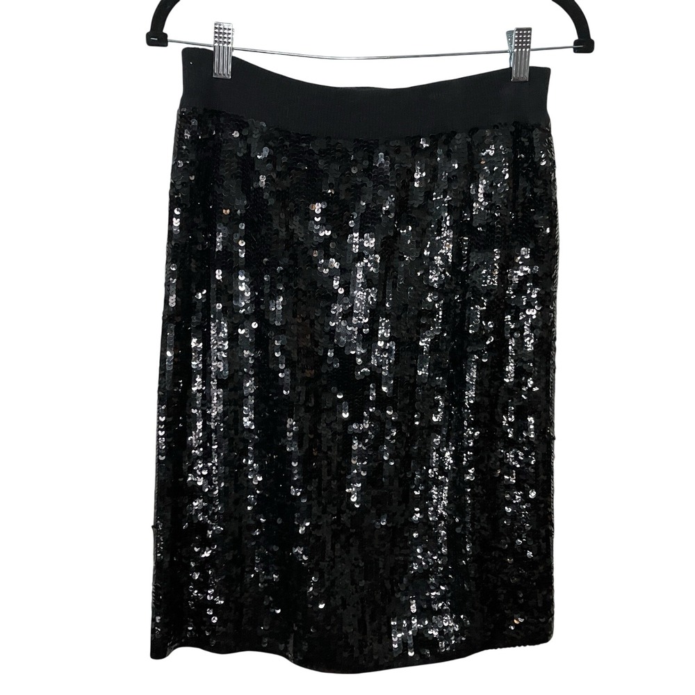 Nancy Johnson Black Sequin Pencil Skirt Wool Blend Knit Waist Size S